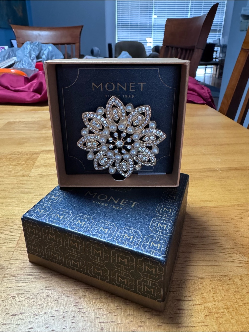 Monet Gold Tone Rhinestone Faux Pearl Floral Brooch With Box
